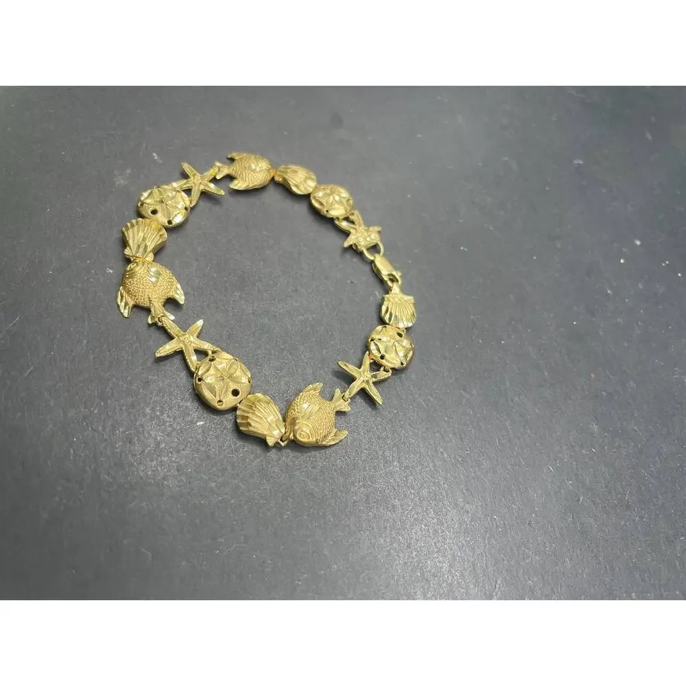 14K Yellow Gold Nautical Sea Life Link Bracelet Starfish Shell Fish 12.06 Grams